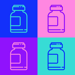 Pop art line Sports nutrition bodybuilding proteine power drink and food icon isolated on color background. Vector Illustration