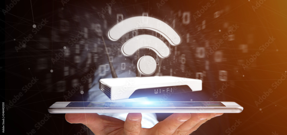 Poster businessman holding a wifi router and data - 3d rendering