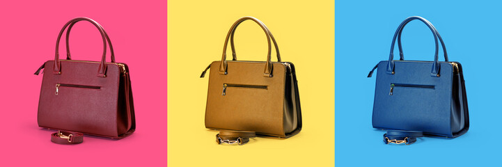 Collage of several leather bags on colored backgrounds. Women's accessories. Side view.