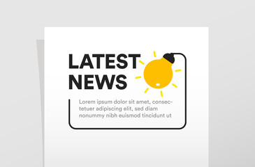 Isolated latest news poster template. Light bulb vector illustration. Lighting icon, business brochure. Website page decorative sun element on white background.