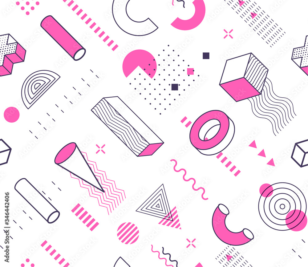 Poster Isolated geometry hand drawn elements seamless pattern. Memphis style geometric shapes drawing background. Pink, white and black geometry icons outline vector illustration.