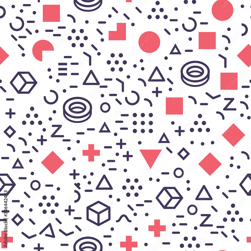 Leinwandbilder Isolated geometric shapes seamless pattern. Memphis design abstract geometrical background. Geometry elements backdrop.Black, red and white wrapping paper texture.