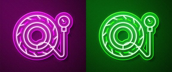 Glowing neon line Tire pressure gauge icon isolated on purple and green background. Checking tire pressure. Gauge, manometer. Car safe concept. Vector Illustration