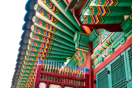 Dancheong (traditional Korean decorative patterns) on Gyeongbokgung Palace's roof, royal palace  built by Joseon Dynasty. Colorful wooden eaves with five basic colors: blue, white, red, black, yellow