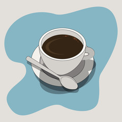 a cup of cofee with spoon and small plate vector illustration