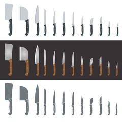 Set of twelve different knives and hatchets for slicing, cutting and chopping. Simple flat design version, gradient metallic blades, icons silhouettes.