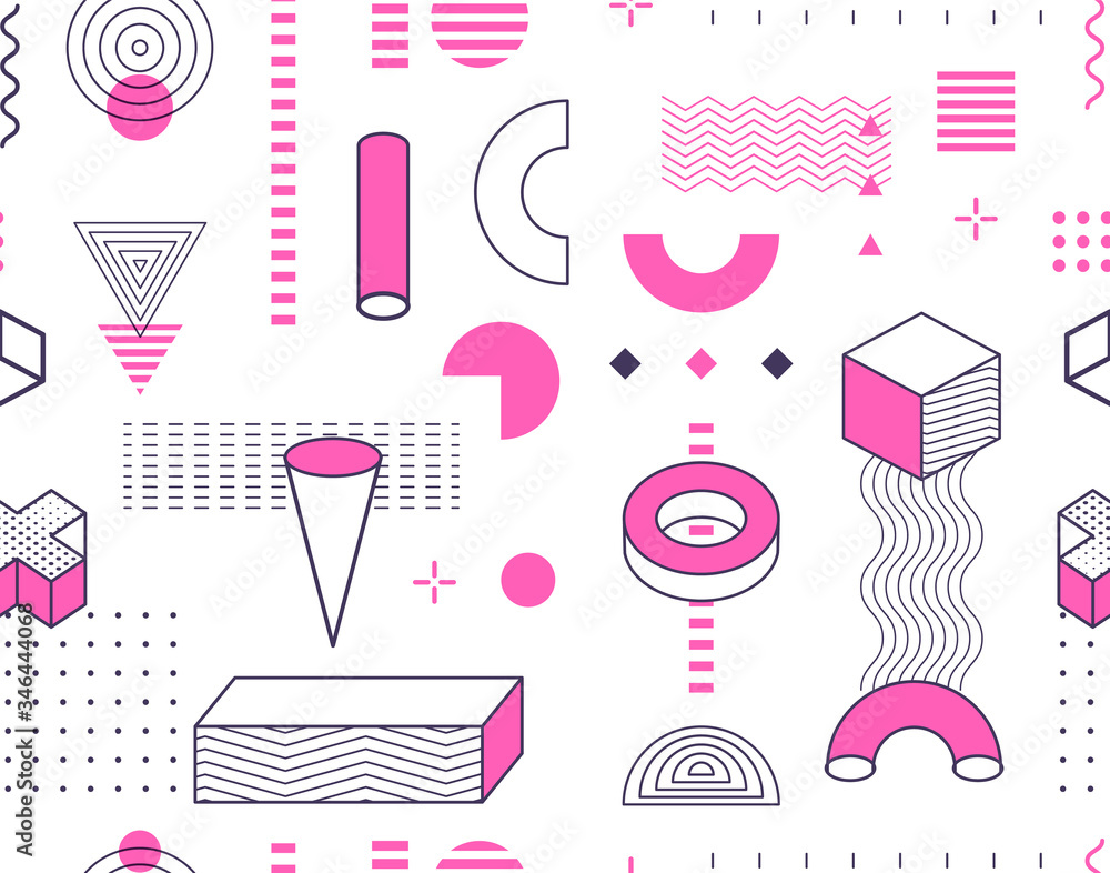 Leinwandbilder seamless memphis style graphic design wallpaper pattern. repeatable hand drawn geometric shapes outl