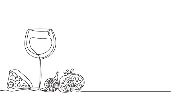 Wine glass, cheese, fruit, pomegranate, figs. Vector. Drawing by continuous line. Doodle. Sketch. Glass of pomegranate Juice.