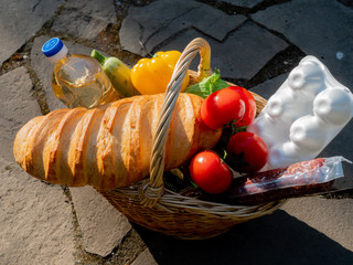 A basket of food as a donation for the poor.