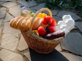 Close-up of a basket of food Essentials. Donations to the poor.