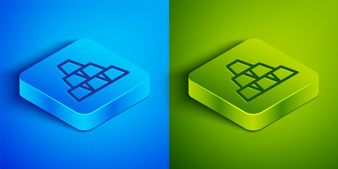 Isometric line Gold bars icon isolated on blue and green background. Banking business concept. Square button. Vector Illustration