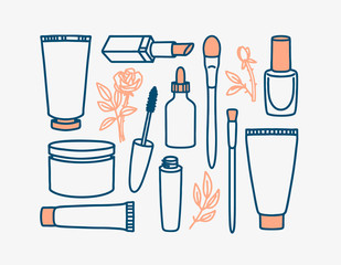 Hand drawn line vector icon set of makeup and cosmetics bottle, brushes. llustration of make up collection dropper bottle for oil, face cream, hand cream, nail polish, lipstick, mascara