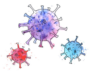 Watercolor drawing of coronavirus or Covid-19 on a white background, color virus drawn by hands