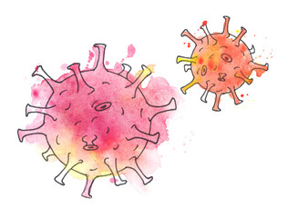 Watercolor drawing of coronavirus or Covid-19 on a white background, color virus drawn by hands