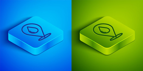 Isometric line Water drop with location icon isolated on blue and green background. Square button. Vector Illustration