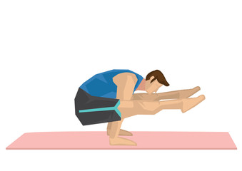 Illustration of a strong man practicing yoga with a firefly pose.