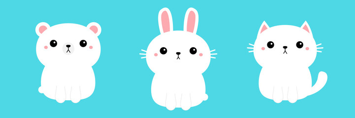 White rabbit bunny, cat kitty kitten, polar bear cub icon set. Cute funny head face. Kawaii cartoon character. Baby greeting card template. Notebook cover, tshirt. Blue background. Flat design. © worldofvector