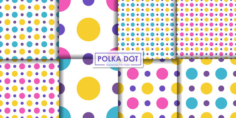 Colorful polka dot seamless pattern set.