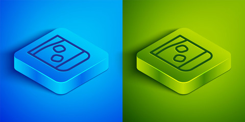 Isometric line Glass of whiskey and ice cubes icon isolated on blue and green background. Square button. Vector Illustration