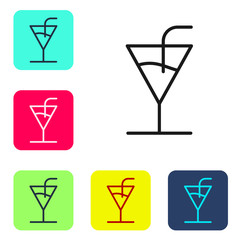 Black line Cocktail icon isolated on white background. Set icons in color square buttons. Vector Illustration