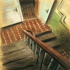 House entrance, drawing made by hands with pastel technique on paper. Entrance Khrushchevka, Russia, USSR