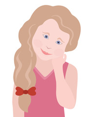 Little girl with a pigtail with a bow in a pink dress isolated on a white background. Vector illustration of a child. International Children's Day