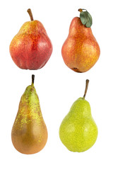 four ripe pears of different varieties isolated on a white background