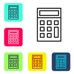 Black line Calculator icon isolated on white background. Accounting symbol. Business calculations mathematics education and finance. Set icons in color square buttons. Vector Illustration