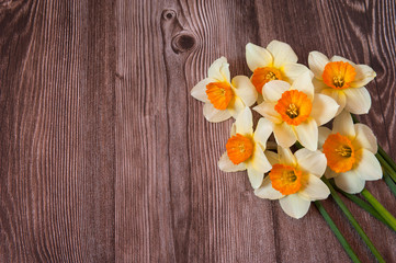 Flower composition. Beautiful bouquet of bright spring daffodils close-up on a wooden background. Selective focus. Free space.