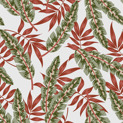 Seamless tropical pattern with plants and leaves on light grey background. Summer background with exotic leaves. Jungle leaves. Botanical pattern. Vector background for various surface.