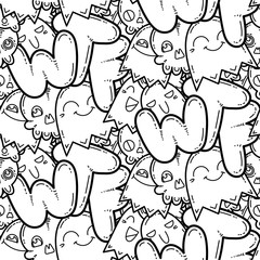 WTF. Kawaii seamless pattern of friendly doodle monsters,cute and fun variety of colors animals