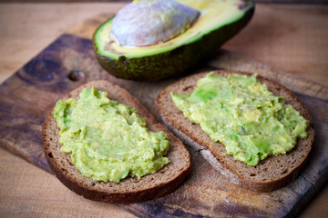 Two slices of rye bread with avocado