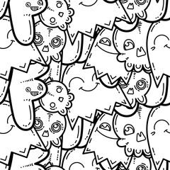 WTF. Kawaii seamless pattern of friendly doodle monsters,cute and fun variety of colors animals