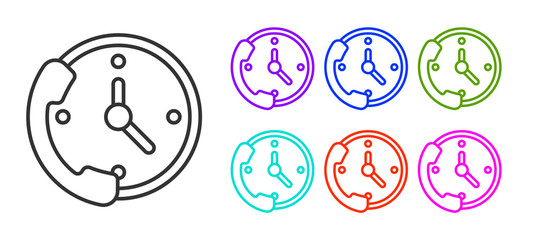 Black line Telephone 24 hours support icon isolated on white background. All-day customer support call-center. Full time call services. Set icons colorful. Vector Illustration