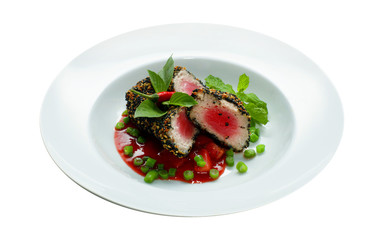 Tuna steak  isolated on white,  food menu 