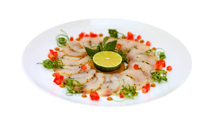 appetizer of sliced fish isolated on white,  food menu 