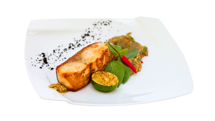 Tuna steak with sauce isolated on white,  food menu 