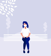 Woman with mask on bench at park vector design