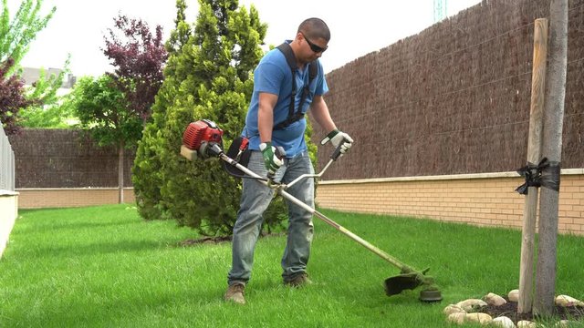 gardener mowing the lawn and tending the garden
