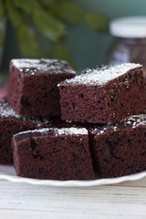 Chocolate cake cut into square pieces, sprinkled with icing sugar on a plate, white background