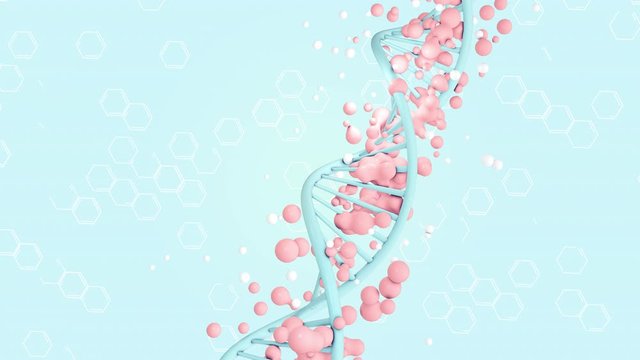 3D animation of rotating and analyzing DNA strand surrounded alien cells, 4K abstract science animation