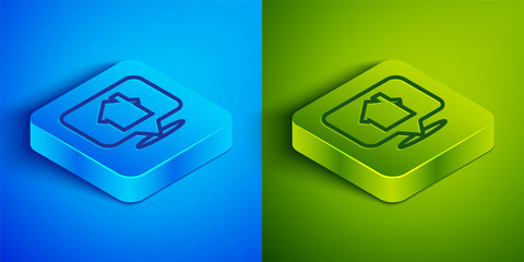 Isometric line Map pointer with house icon isolated on blue and green background. Home location marker symbol. Square button. Vector Illustration