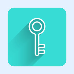 White line House key icon isolated with long shadow. Green square button. Vector Illustration