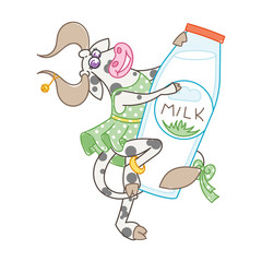 Happy cartoon smiling cow in cute dotted dress dancing with milk bottle
