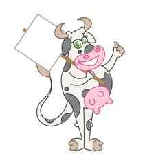 Happy cartoon smiling cow with poster sign on a stick and like