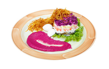 russian style salad with fish,  isolated on white, food menu 