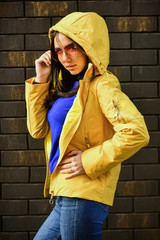 Girl short jacket urban style. Woman enjoy cool weather. Matching style and class with luxury and comfort. Fashion outfit. Windy day. Feel authentic. Female psychology. Woman fashion model outdoors