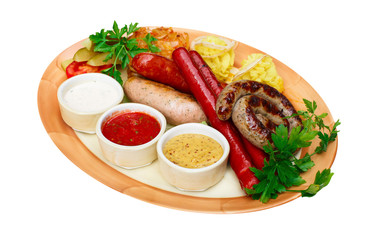 Assorted sausages plate isolated on white,  food menu 