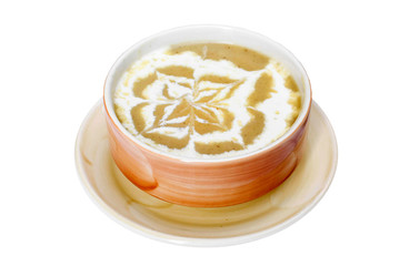 Mushroom soup bowl isolated on white,  food menu 