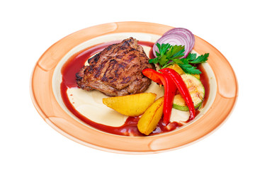 beef  barbecue with vegetables on plate,  isolated on white, food menu 